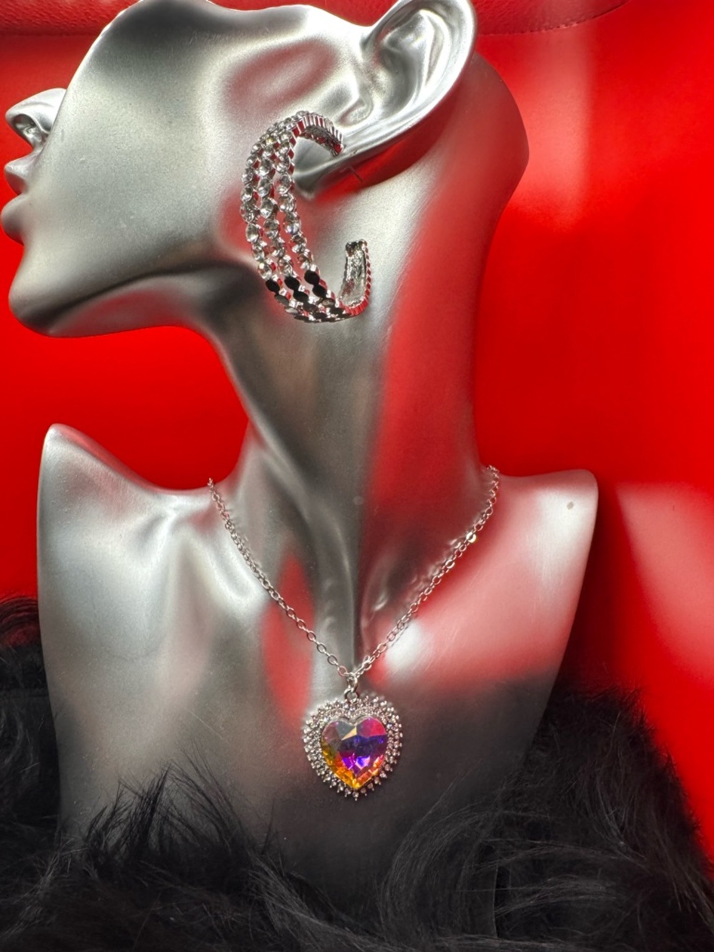 Iridescent Heart Pendant Necklace with Rhinestone Halo - Pink/Gold Tones